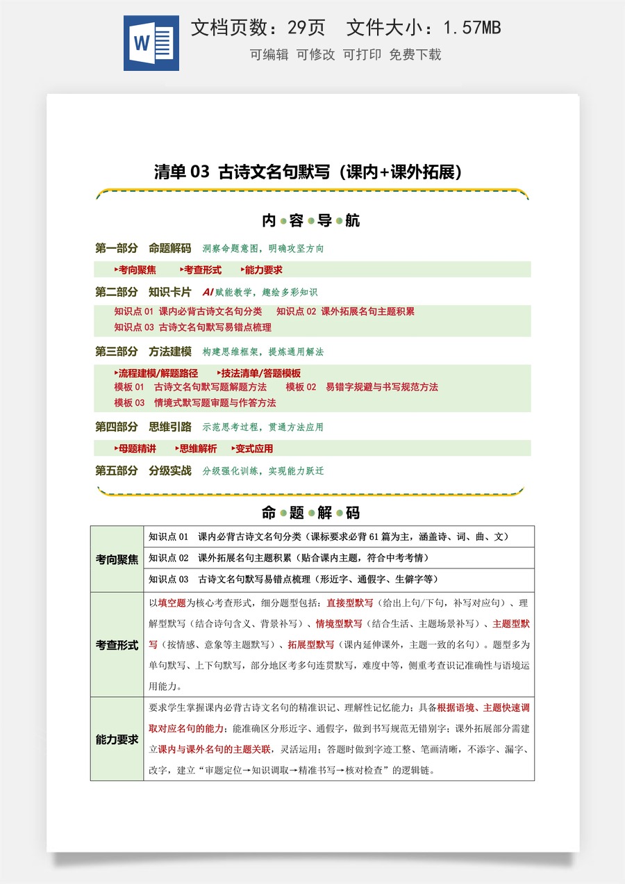初中-语文-中考语文-二轮复习知识点-清单03 古诗文名句默写（知识·方法·能力清单）（教师版）.docx